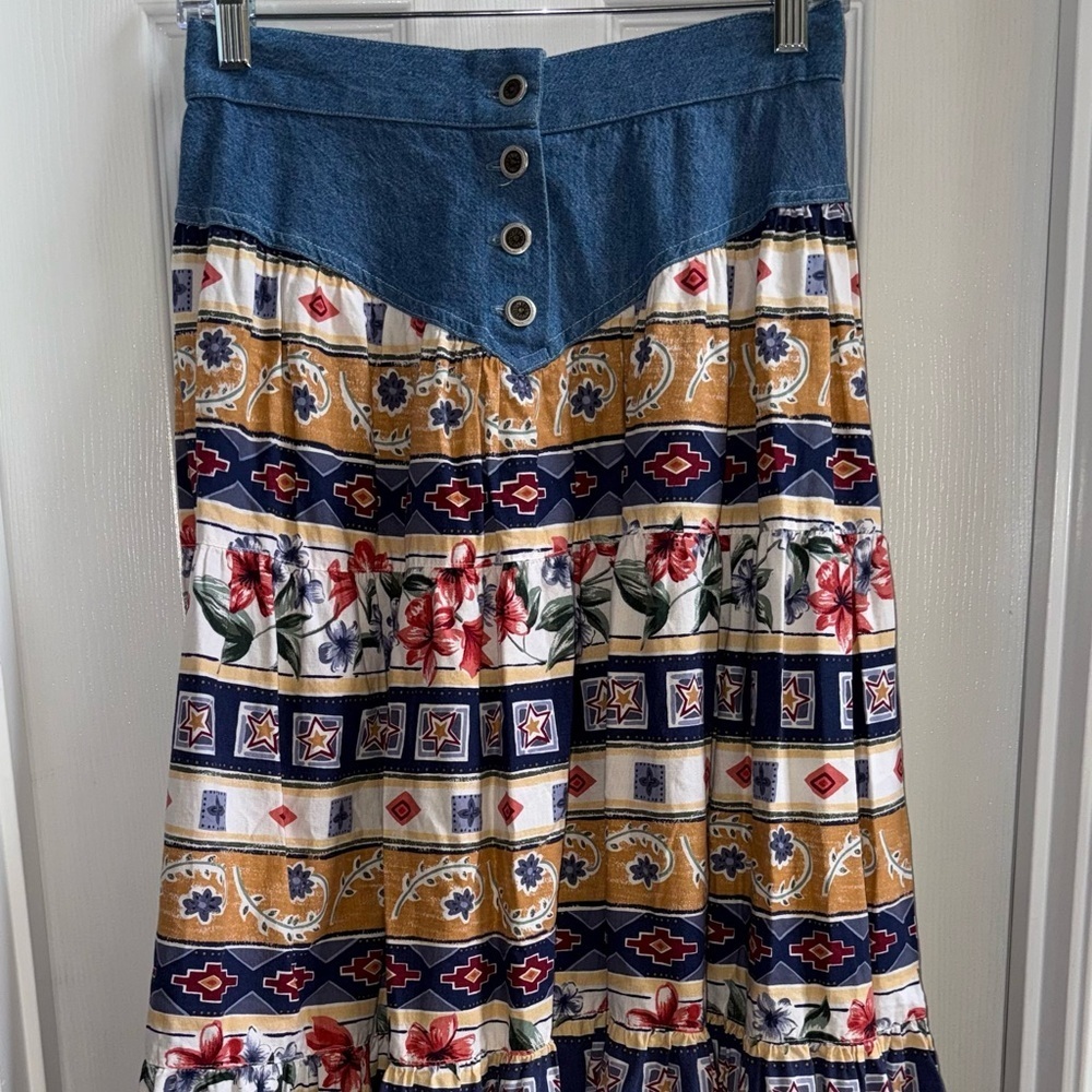 Vintage Roper Western Shirt 8 Denim Floral Aztec Button Front Flowy Cowgirl